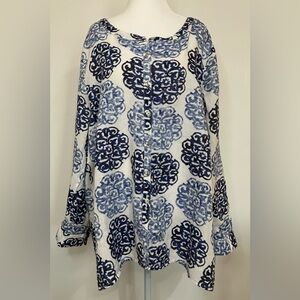 JM Collection 100% Linen Blue White Shirt Button Up Sz 18 XL Beachy Coastal Boho